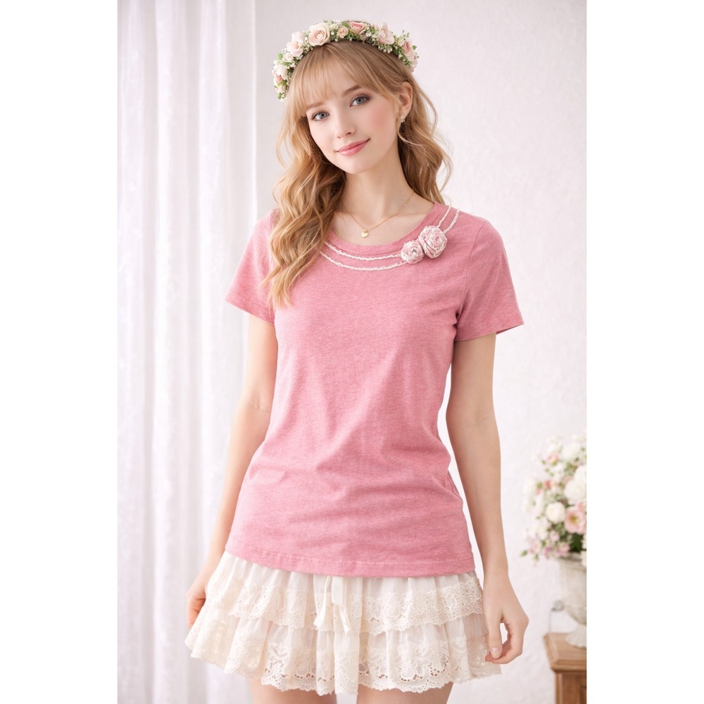 J.Crew Pink T Shirt Top Rosette Neckline Romantic Women's Small Short Sleeve